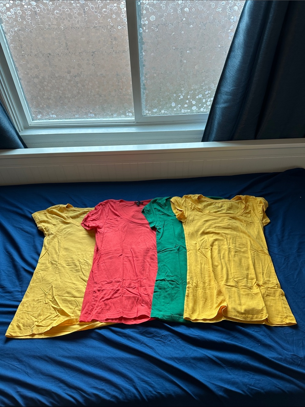 Active Basic and F21 Short-Sleeve Tees in Yellow, Coral, & Green. Rasta-ish set